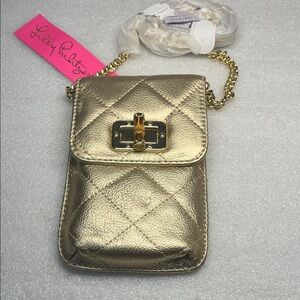Lilly Pulitzer Gold Quilted Leather Crossbody Phone Bag NEW w/a Bamboo Turnlock